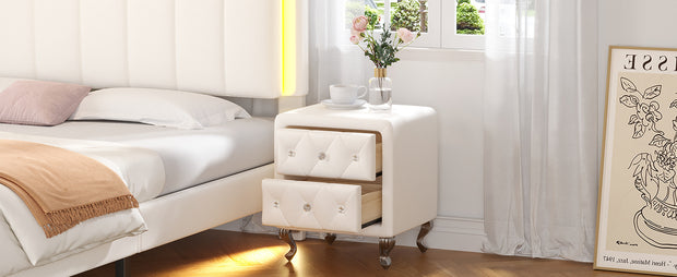 Elegant White Nightstand with 2 Drawers and Crystal Handles