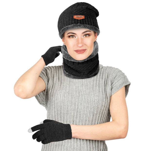 Winter Knitted Hat Scarf Gloves 3Pcs Set